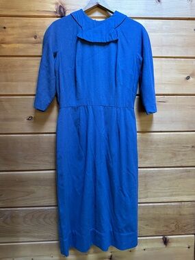 Vintage Blin & Blin French Wool Dark blue A-line midi dress 1/2 sleeve collar M